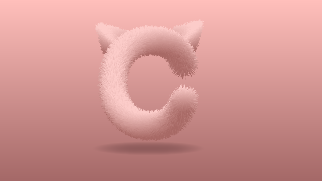3D letter C on a dark pink background, made using the distortion technique, in the form of a fluffy pink cat.